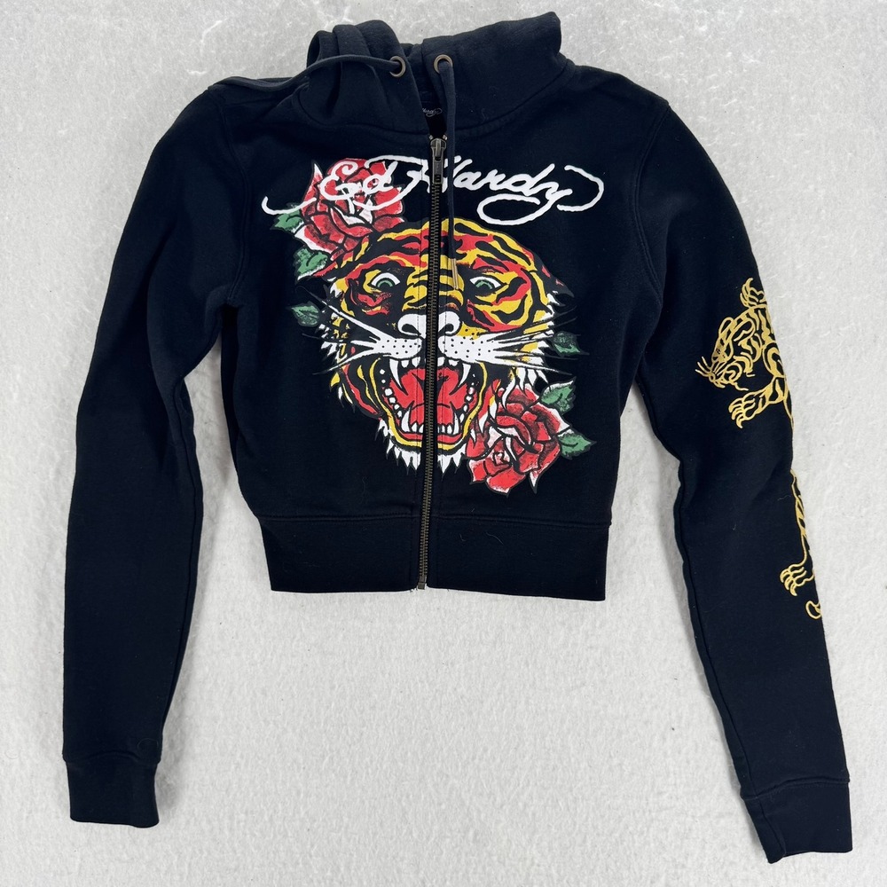 Ed Hardy - Zip Up Hoodie Tiger Rose Graphic - Black - XS - Womens